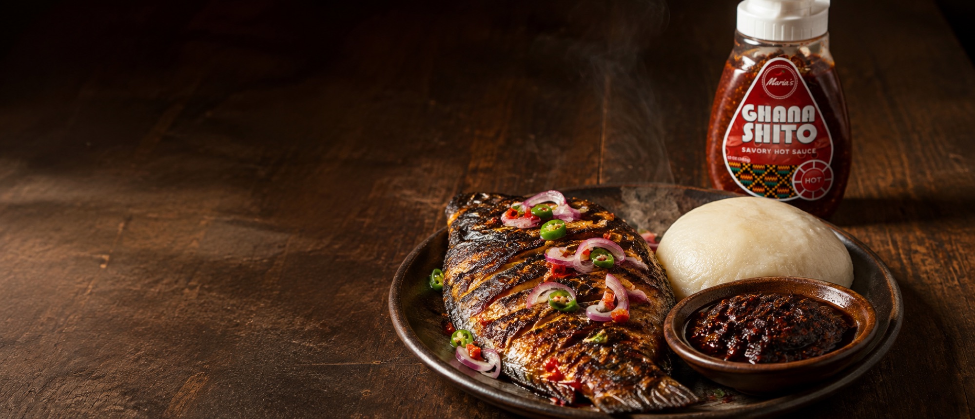 Grilled tilapia with banku and Ghana Shito